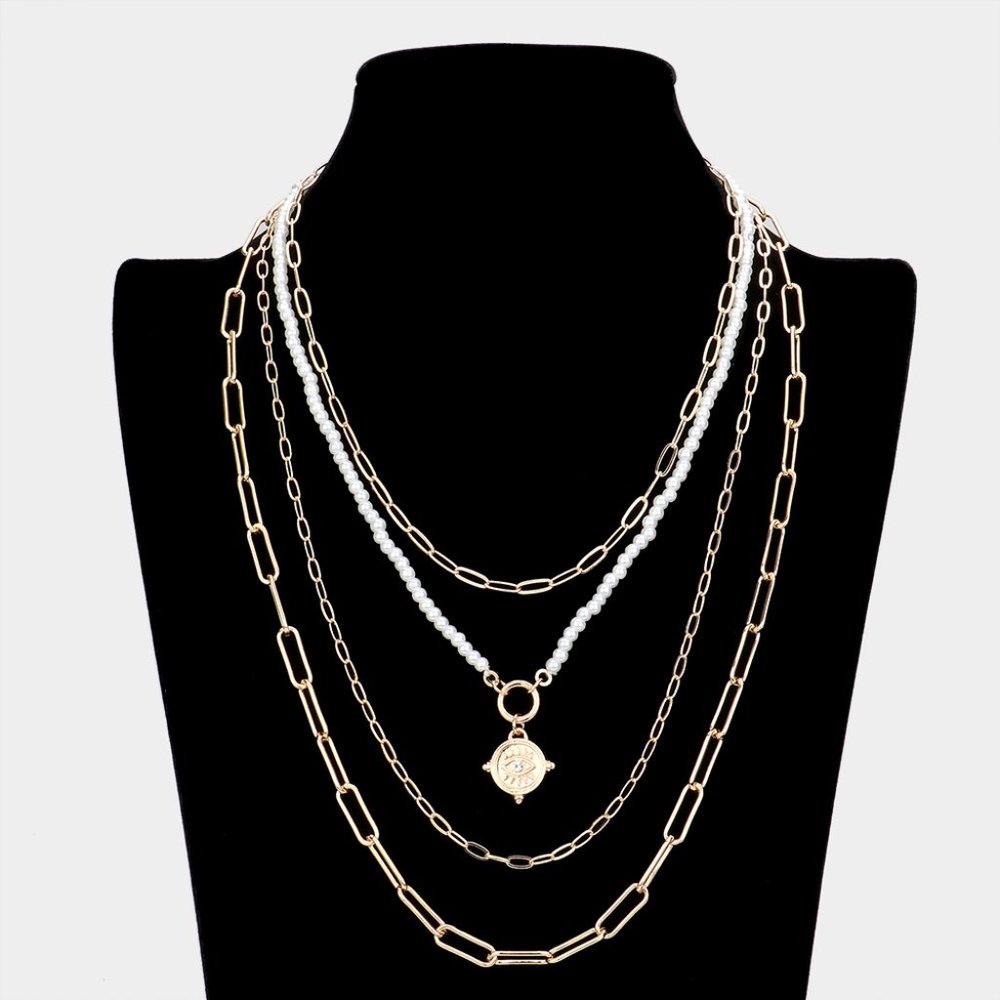 Tzina - Evil Eye Accented Round Pendant Multi Layered Necklace